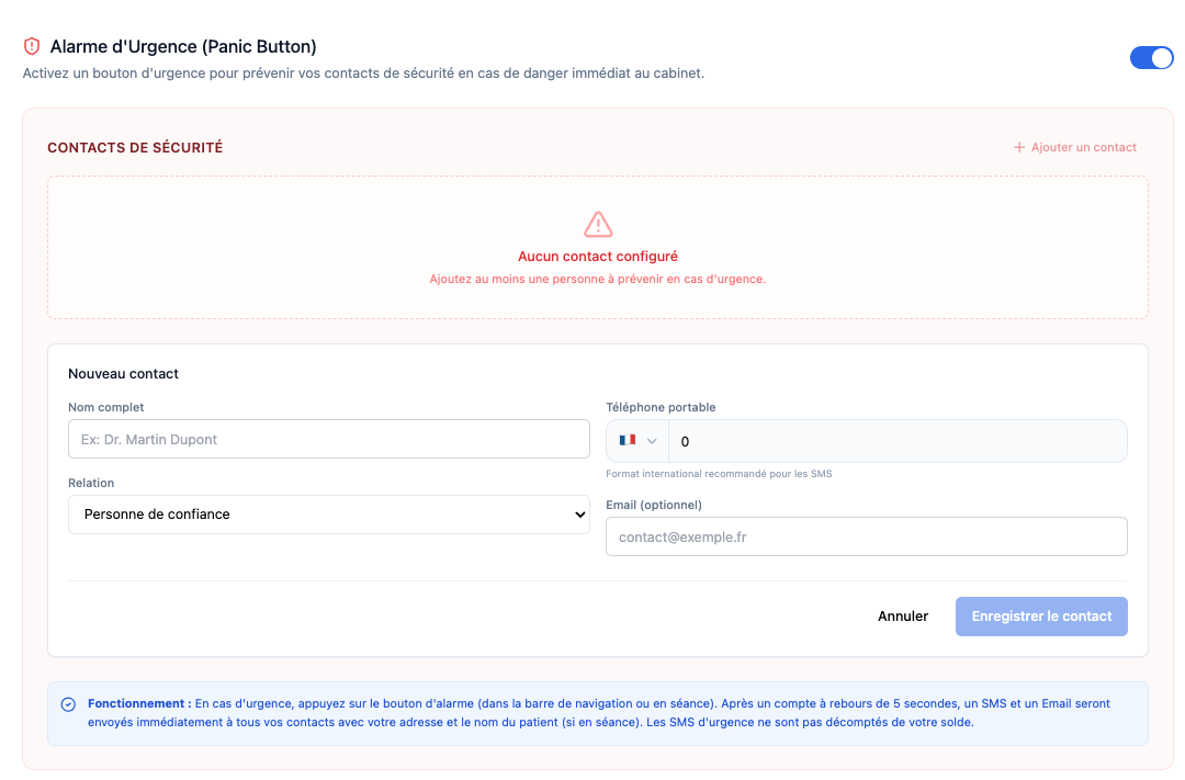 Configuration des contacts de sécurité et du bouton panique dans Theralink